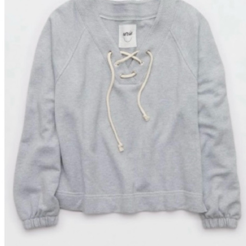 aerie Light Gray Lace-Up V-Neck Sweatshirt with Cream Laces